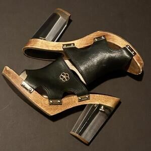 Trina Turk Black Leather Mules with Clear Block Heels